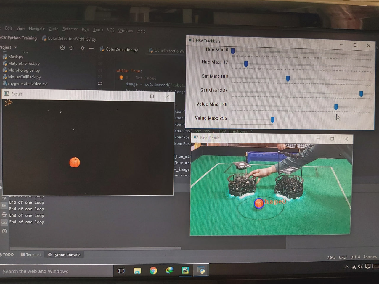 Computer vision interface showing robot and target tracking in OpenCV